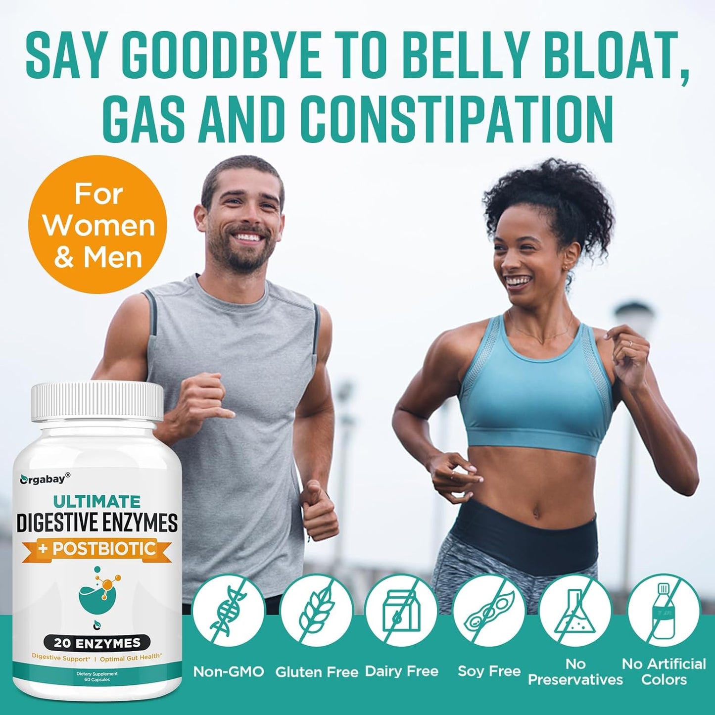 Orgabay Digestive Enzymes with Postbiotics, 20 Enzyme 60 Veggie Capsules