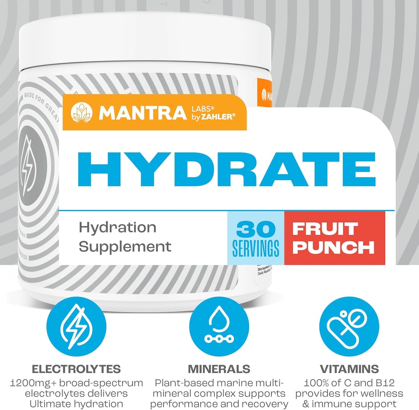 Zahler Mantra Game-Changing, Great-Tasting, Sugar-Free Hydration Supplement, Fruit Punch Flavored, 30 Servings.