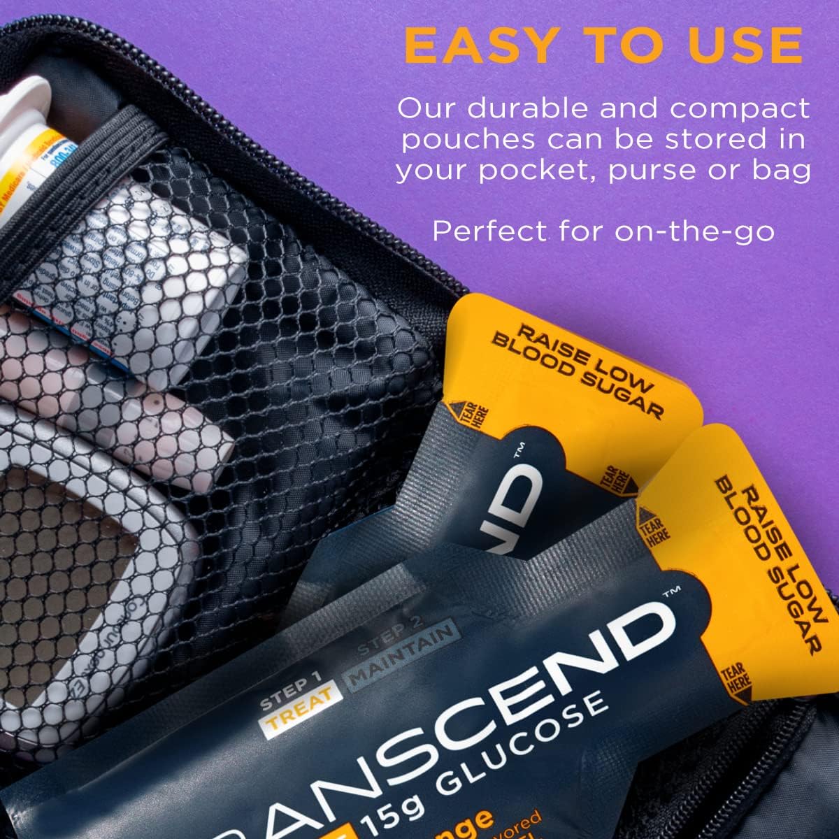 Transcend Glucose Gel Packs - Orange, 15 Pack (1.1oz Each) - FSA/HSA Eligible - Glucose Gel Packs for Diabetics, Blood Sugar Support Alternative to Glucose Tablets - Precise 15g Dose, Made in USA