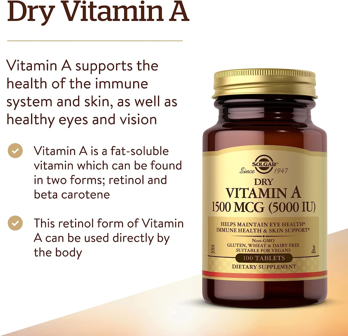 Solgar Dry Vitamin A 1500 mcg (5000 IU), 100 Tablets