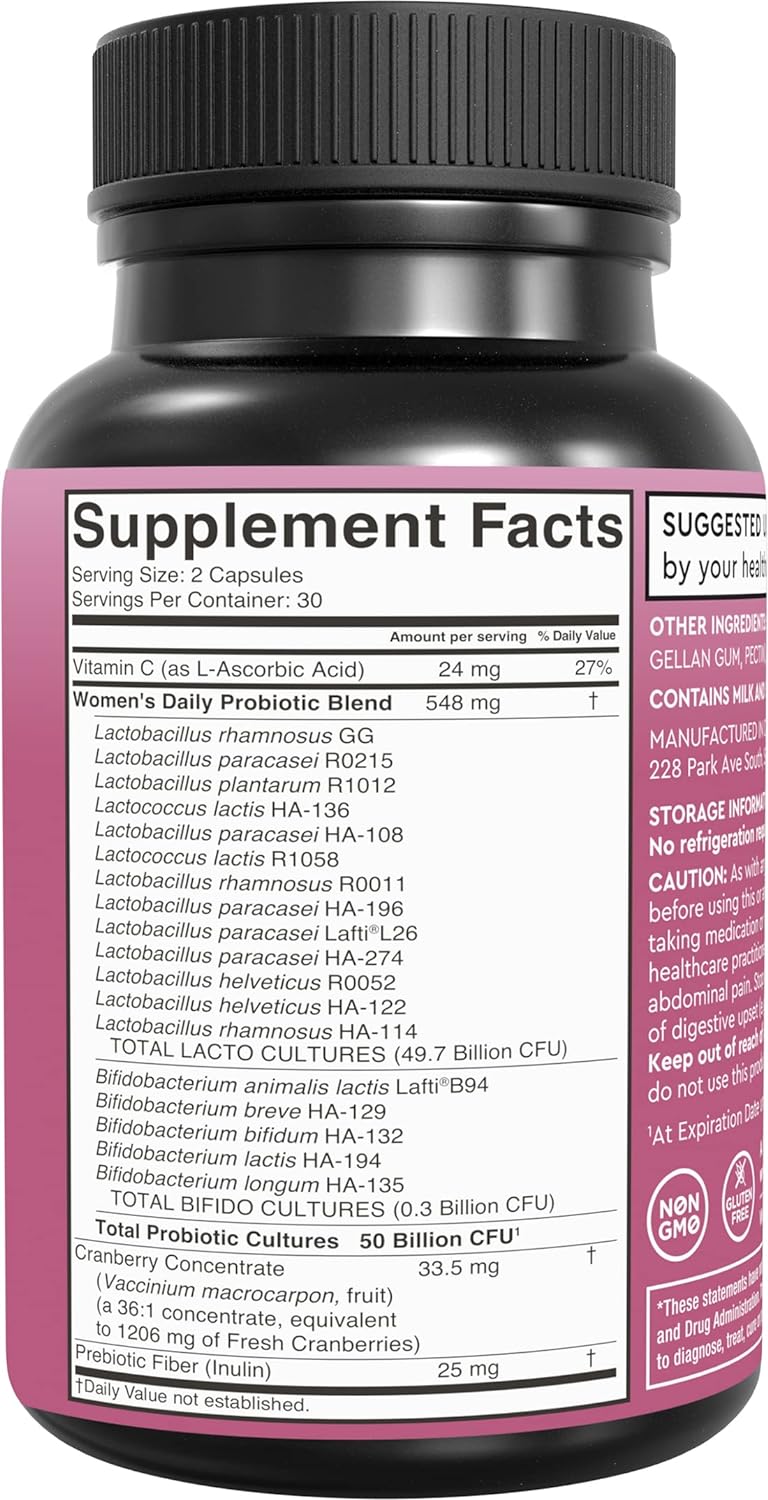 Womens Probiotics For Gut Health With Prebiotic Fiber, Cranberry and Vitamin C 60 count
