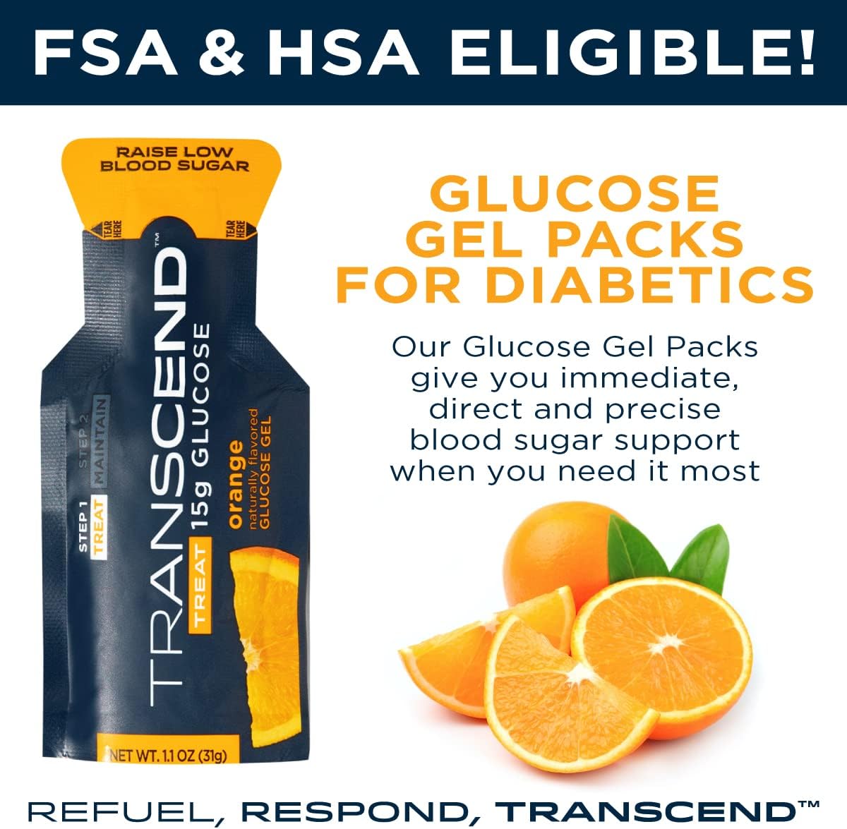 Transcend Glucose Gel Packs - Orange, 15 Pack (1.1oz Each) - FSA/HSA Eligible - Glucose Gel Packs for Diabetics, Blood Sugar Support Alternative to Glucose Tablets - Precise 15g Dose, Made in USA