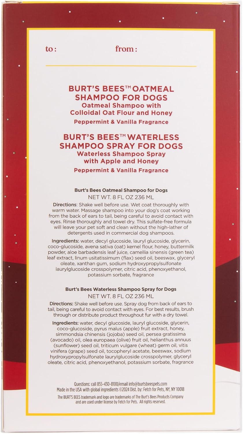 Burt's Bees for Pets Holiday Grooming Kit Shampoo Waterless Spray 2-Piece Set - 8 FL Oz