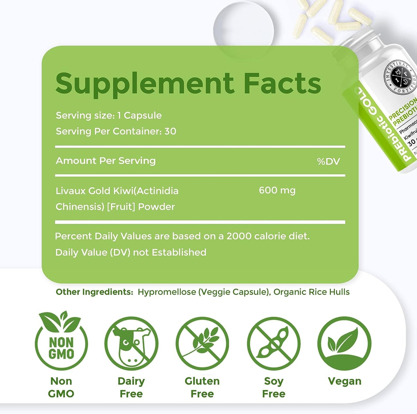 Intestinal Fortitude PREbiotic Gold: Kiwifruit Fiber, Butyrate & Prebiotic Restore Supplement to Support The Gut,Dairy-Free Capsules