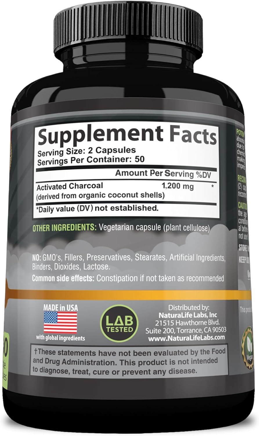 Activated Charcoal Capsules - Highly Absorbent 100 Vegan Capsules