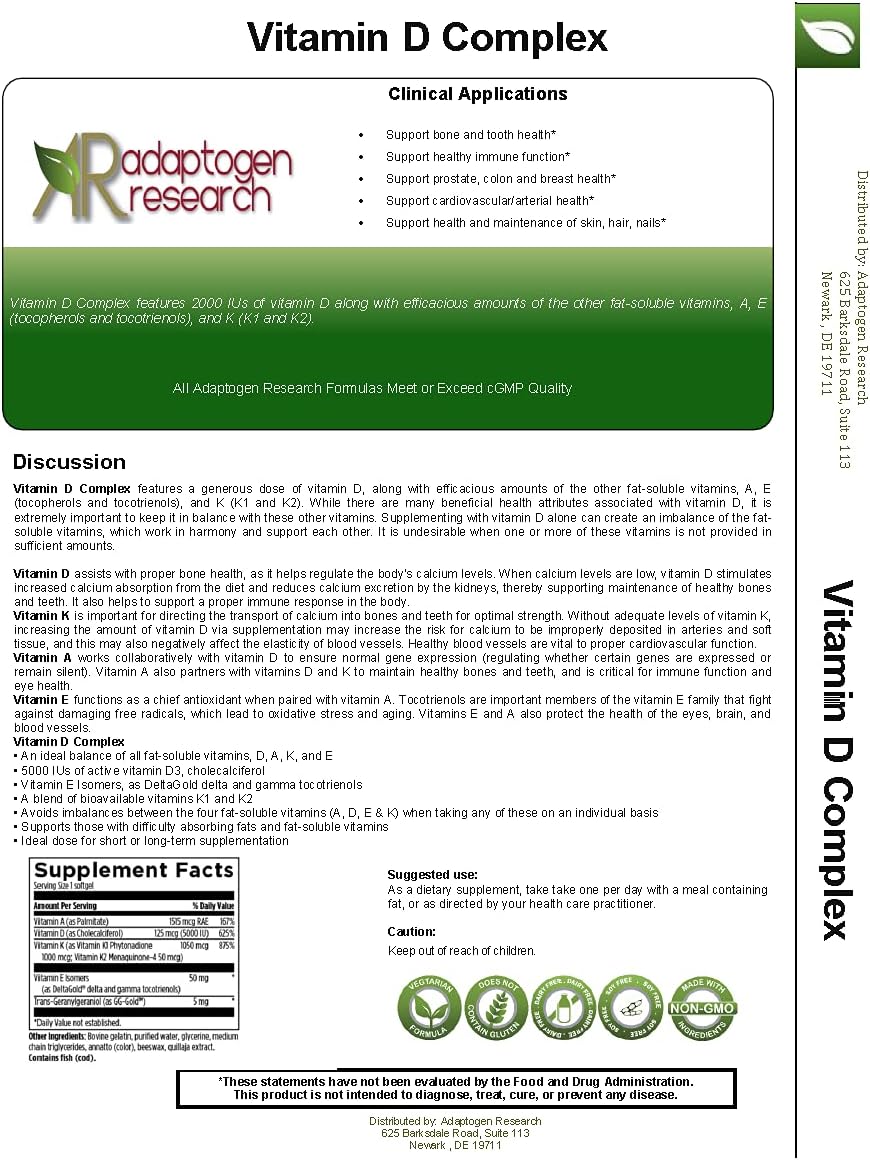 Adaptogen Research Vitamin D Complex with Vitamin A, E , K1 + K2 Fat Soluble Vitamins Blend - 60 Softgels |