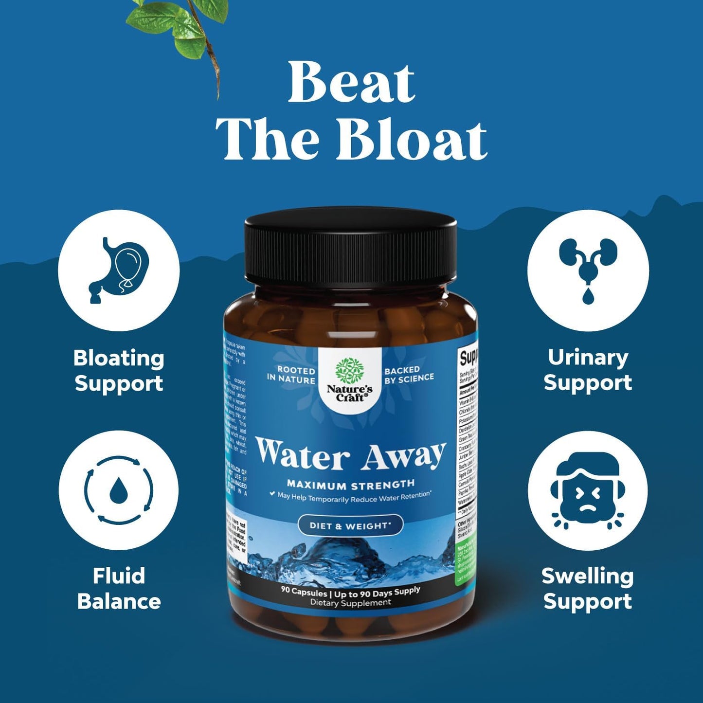 Water Away Pills Maximum Strength - Herbal Diuretic 90 capsules