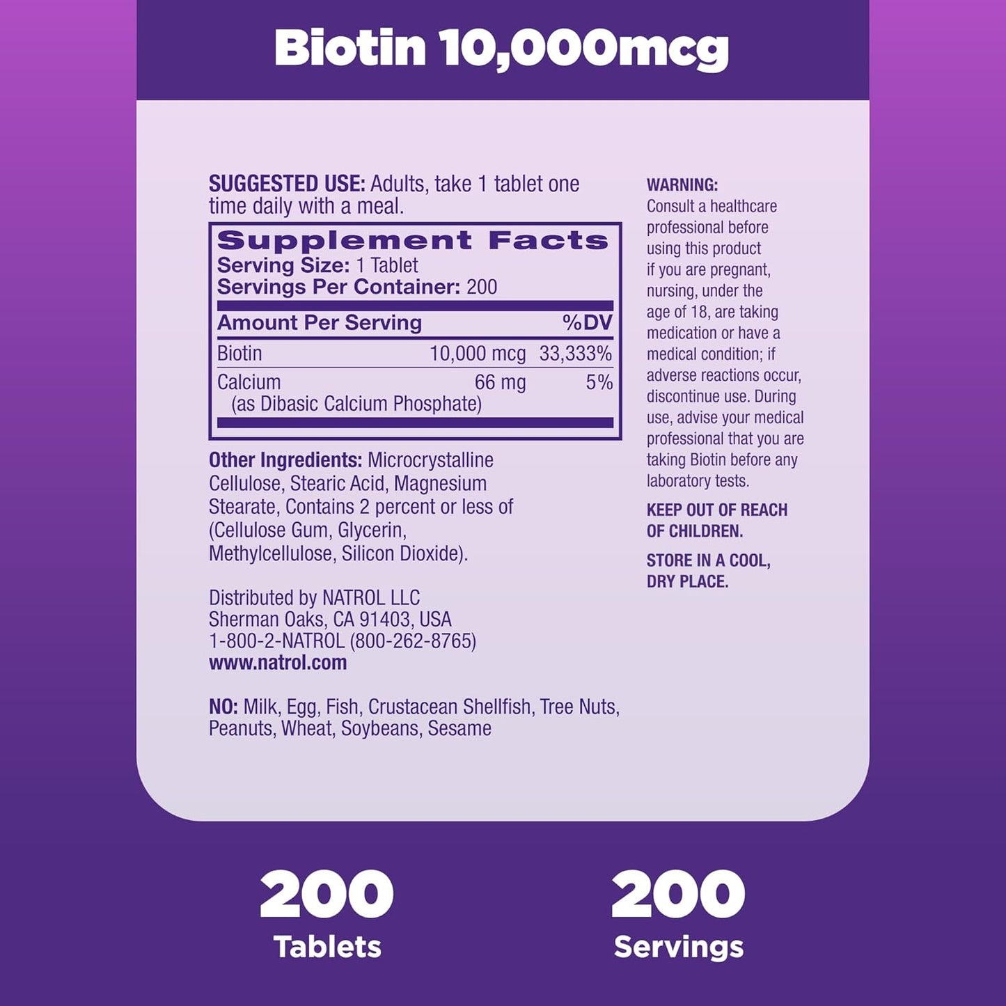 Natrol Biotin 10000mcg, Supplement for Healthy Hair -200 Tablets