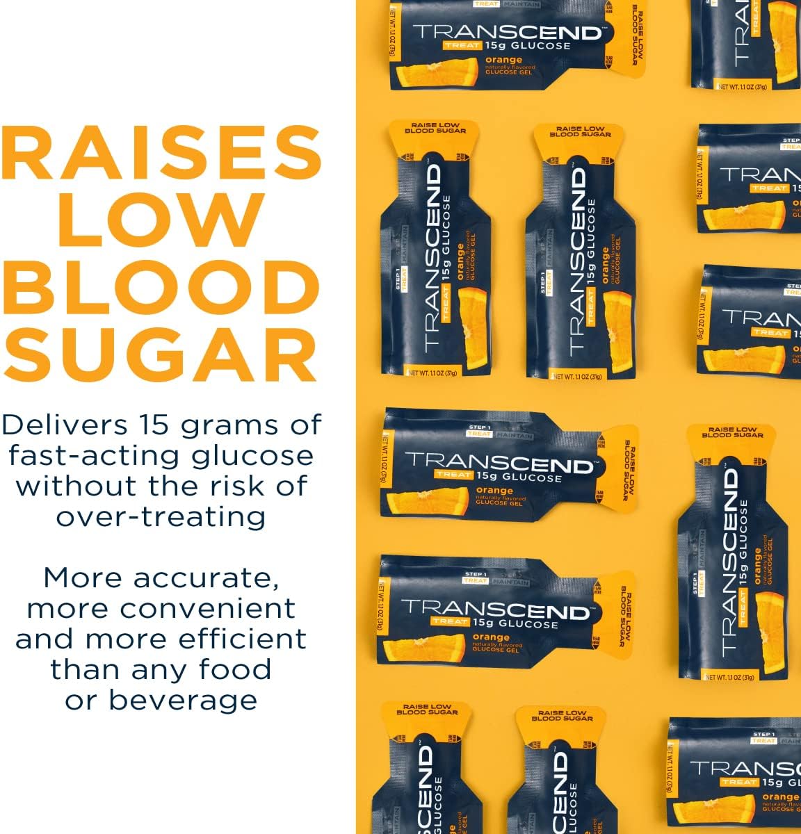 Transcend Glucose Gel Packs - Orange, 15 Pack (1.1oz Each) - FSA/HSA Eligible - Glucose Gel Packs for Diabetics, Blood Sugar Support Alternative to Glucose Tablets - Precise 15g Dose, Made in USA