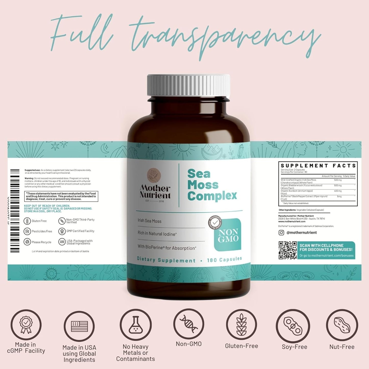 Sea Moss Capsules Complex with Wildcrafted Irish Sea Moss,180 Capsules