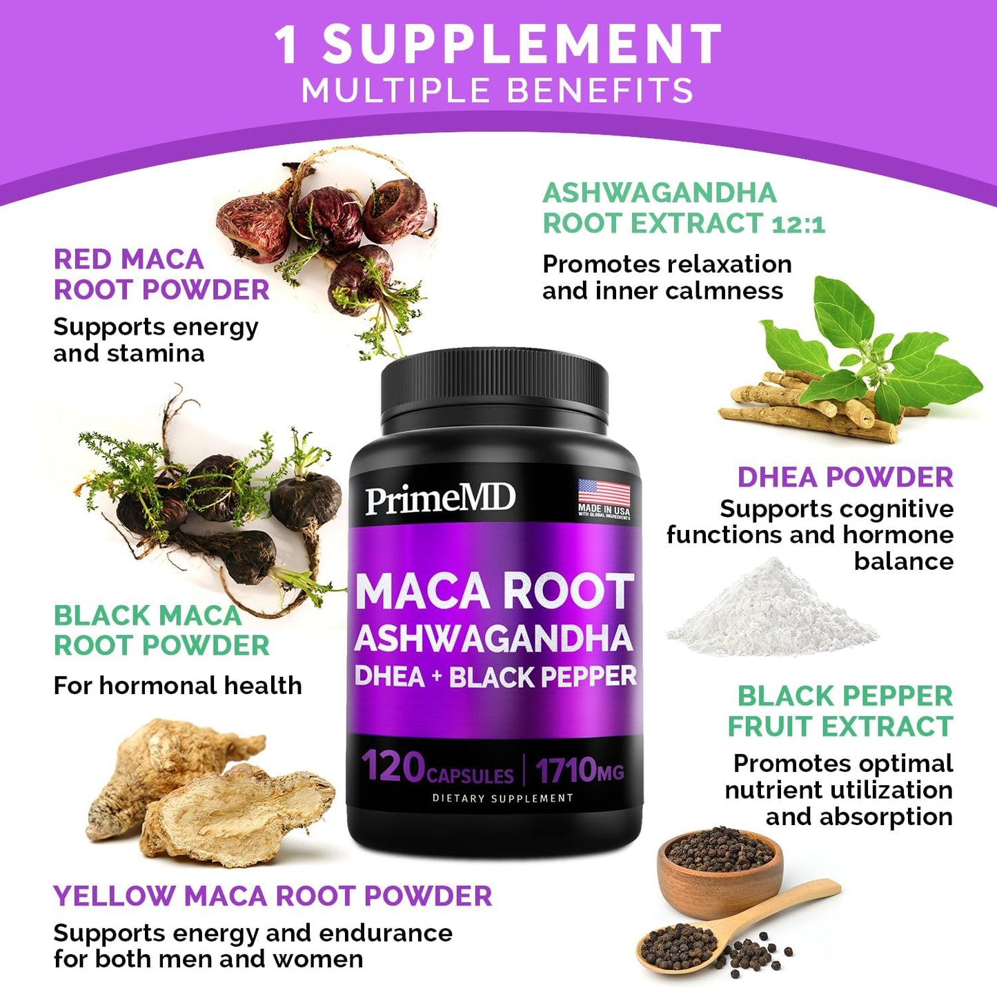 6-in-1 Organic Maca Root & Ashwagandha 120 Capsules