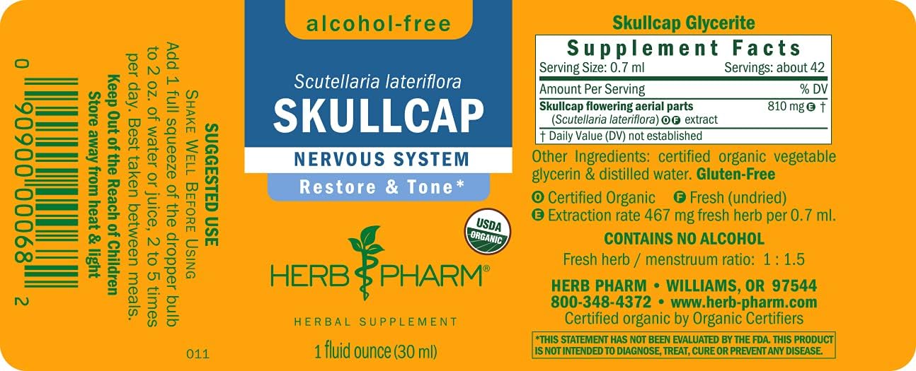 Herb Pharm Certified Organic Skullcap Liquid Extract for Nervous System Support, 1 Fl Oz