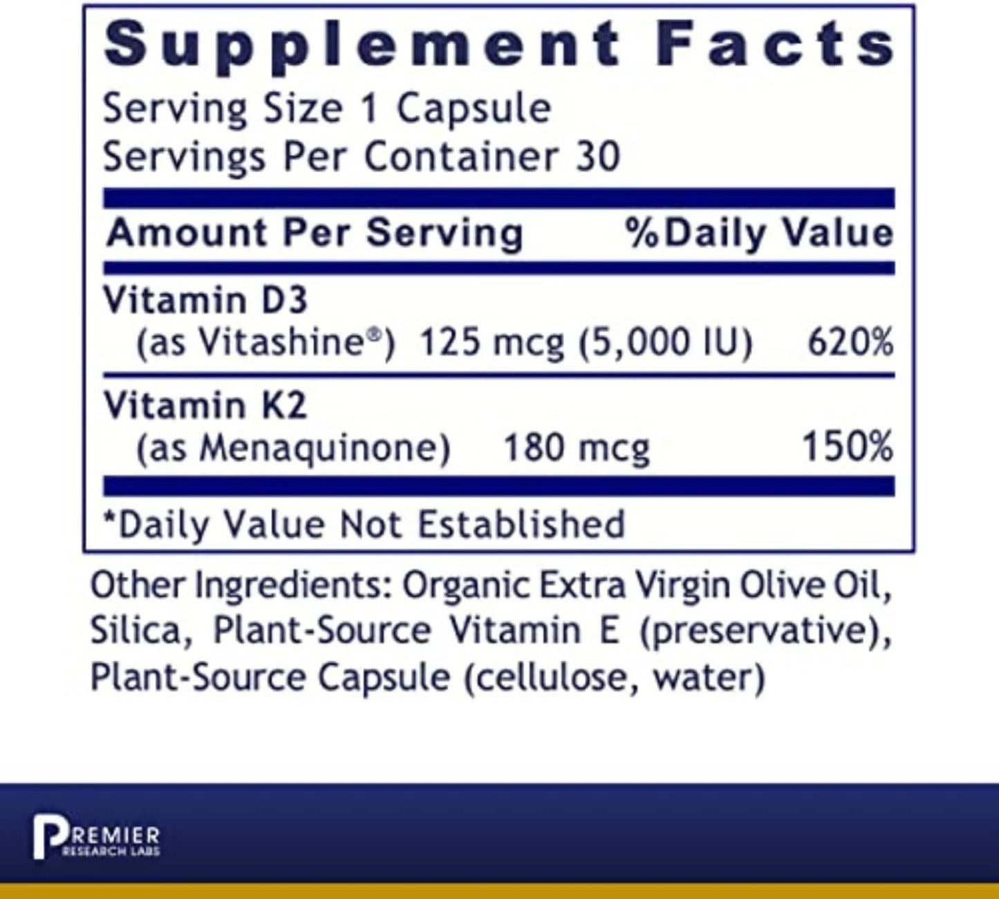 Premier Research Labs: Vitamin D3 + K2 Supplements -30 Plant-Source Based Capsules