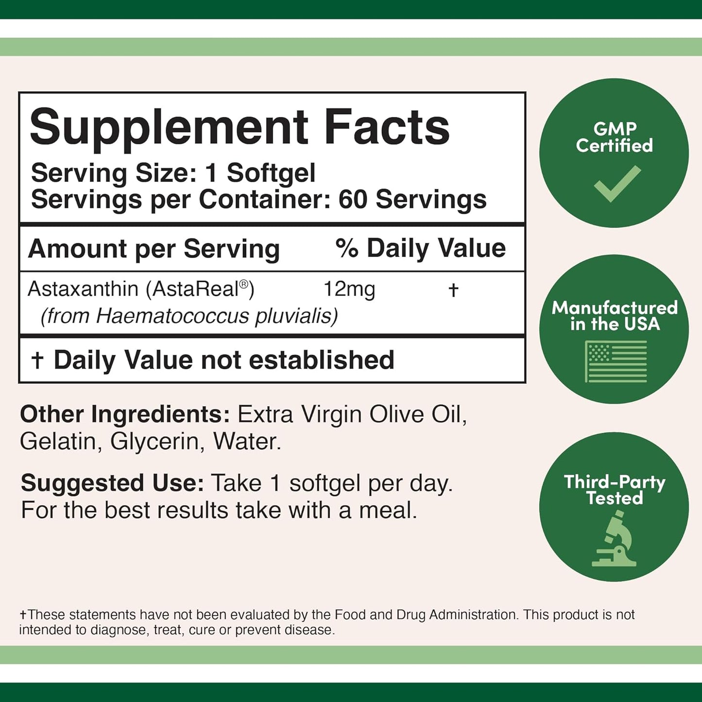 Astaxanthin 12mg Max Strength AstaReal: Natural Patented 60 count