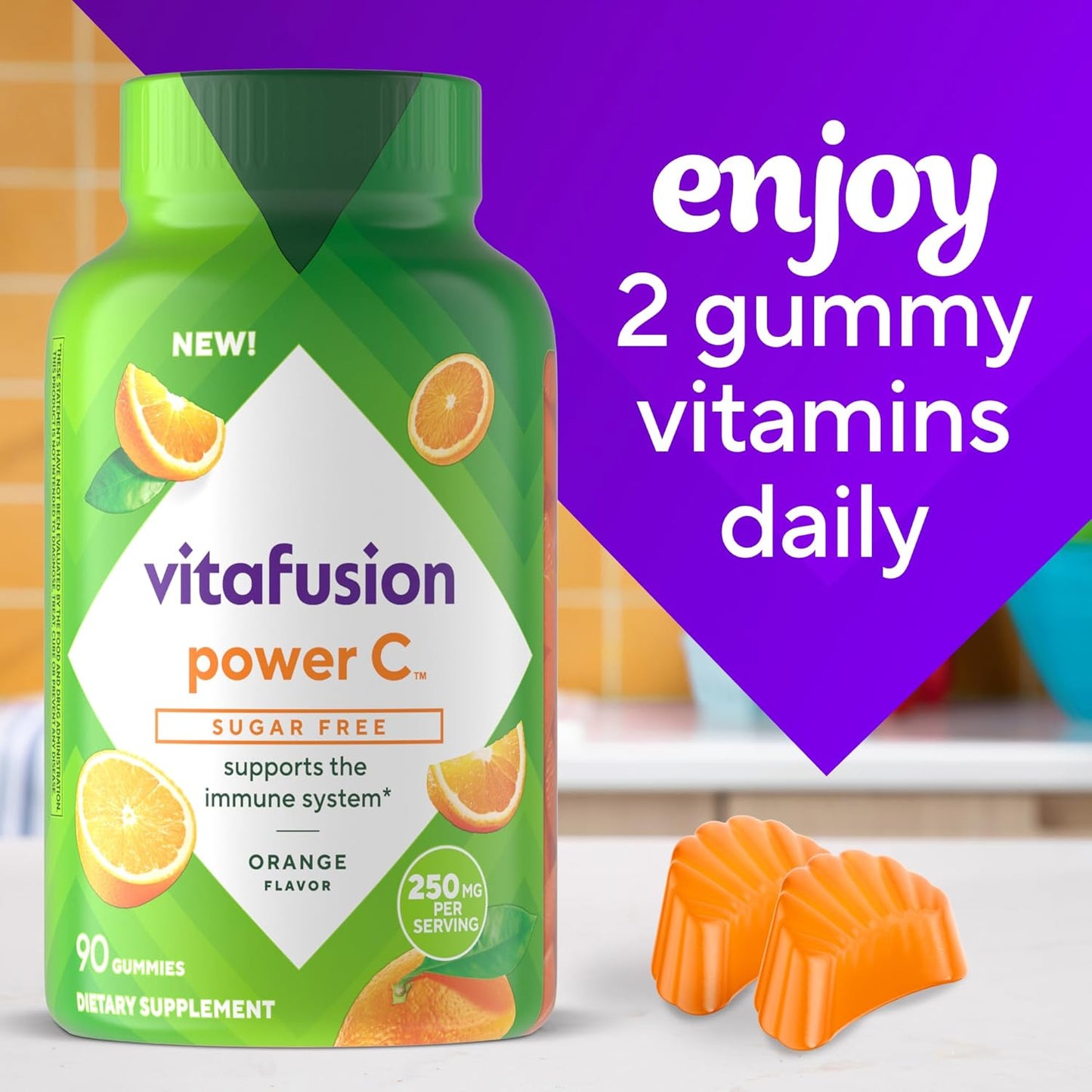 VITAFUSION Sugar Free Power C Vitamin C Gummies,Orange Flavor, 90 Count