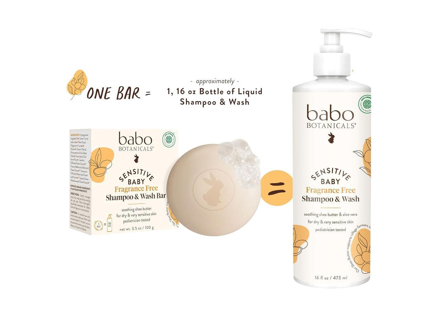 Babo Botanicals Sensitive Baby Fragrance-Free 2-in-1 Shampoo & Wash Bar 3.5 oz