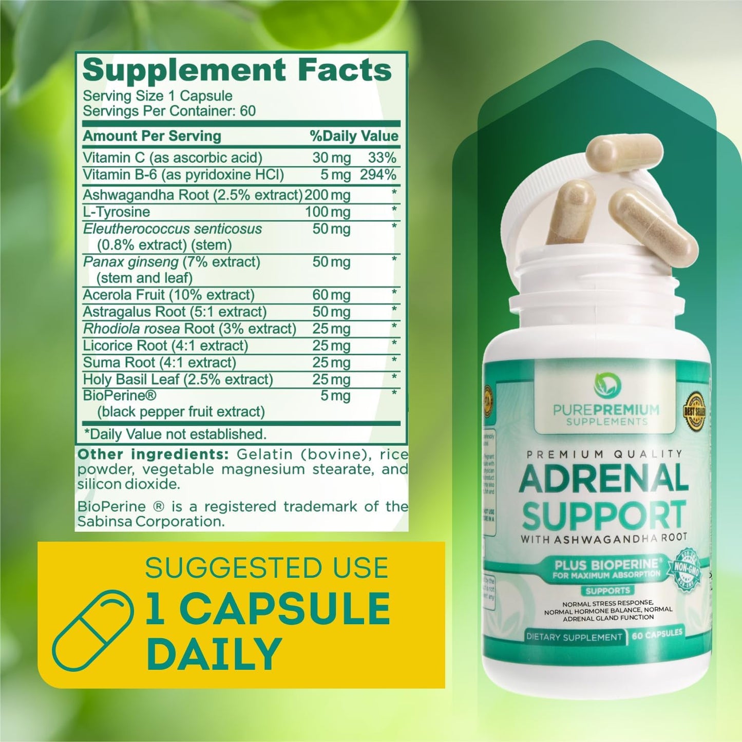 PurePremium Adrenal Support Supplements with Ashwagandha Root Extract - 60 Capsules