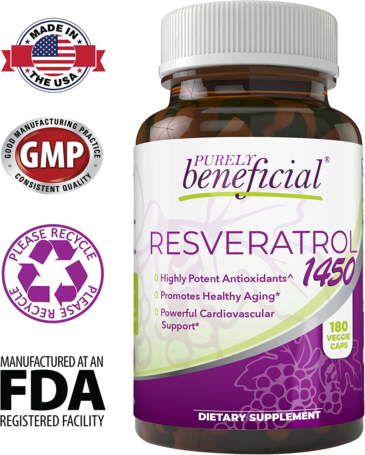 PURELY beneficial RESVERATROL1450-90day Supply, 1450mg per Serving of Potent Antioxidant