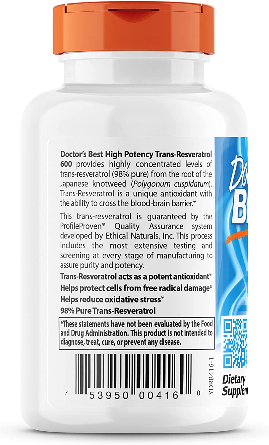 Doctor's Best Trans-Resveratrol 600, Non-GMO, Vegan, Gluten Free, Soy Free, 600 mg, 60 Veggie Caps