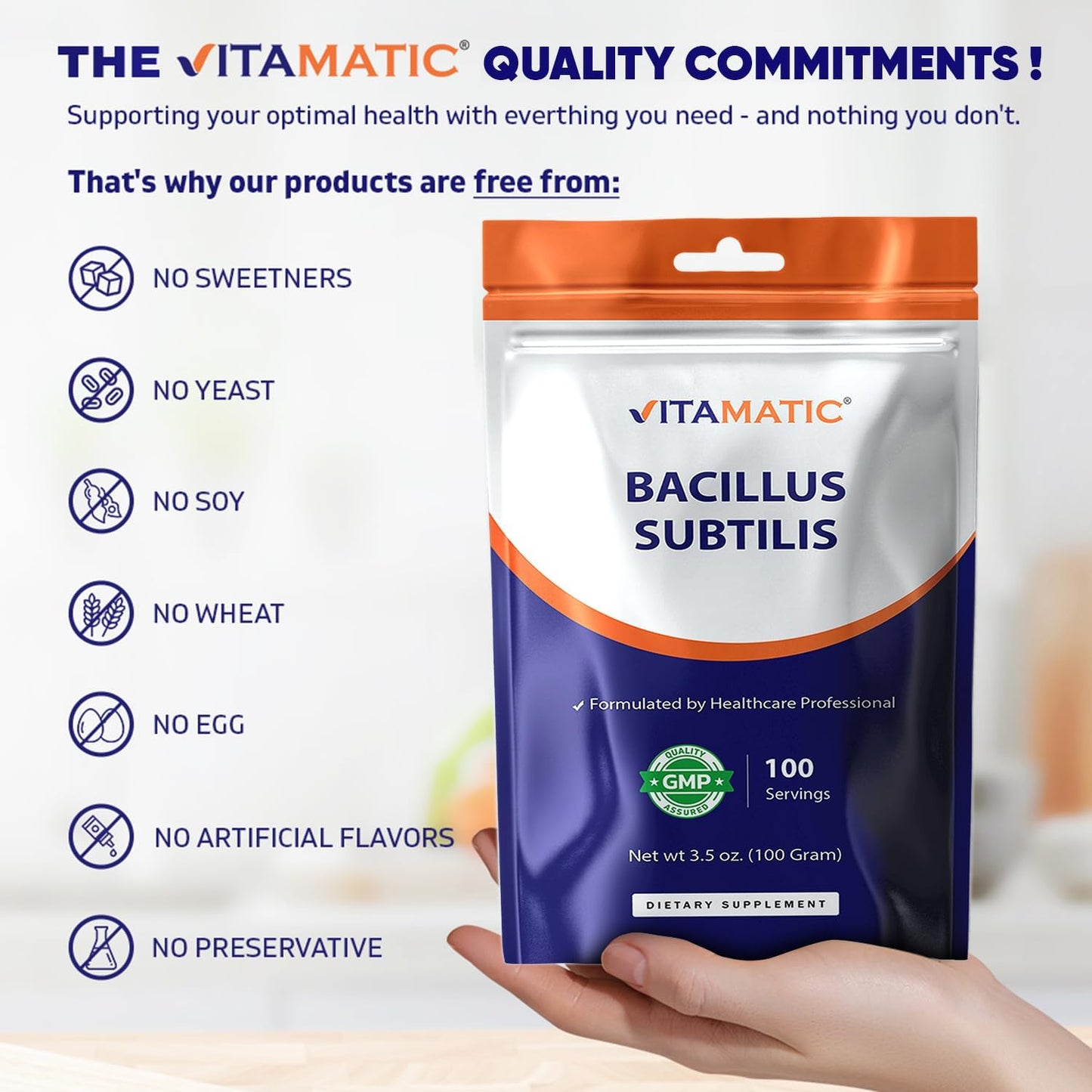 Vitamatic Bacillus Subtilis Pure Powder Probiotic Powder - 3.5 oz