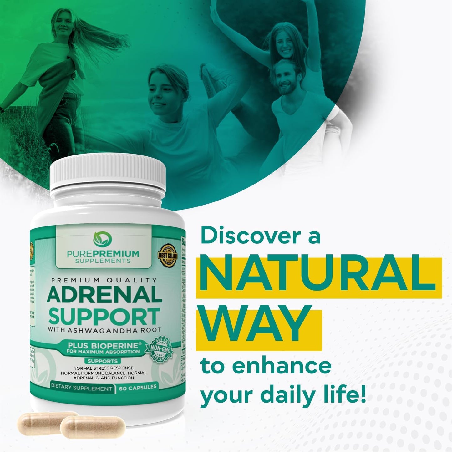 PurePremium Adrenal Support Supplements with Ashwagandha Root Extract - 60 Capsules
