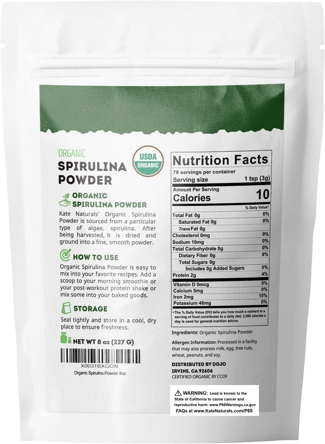 Kate Naturals Organic Spirulina Powder -8 oz