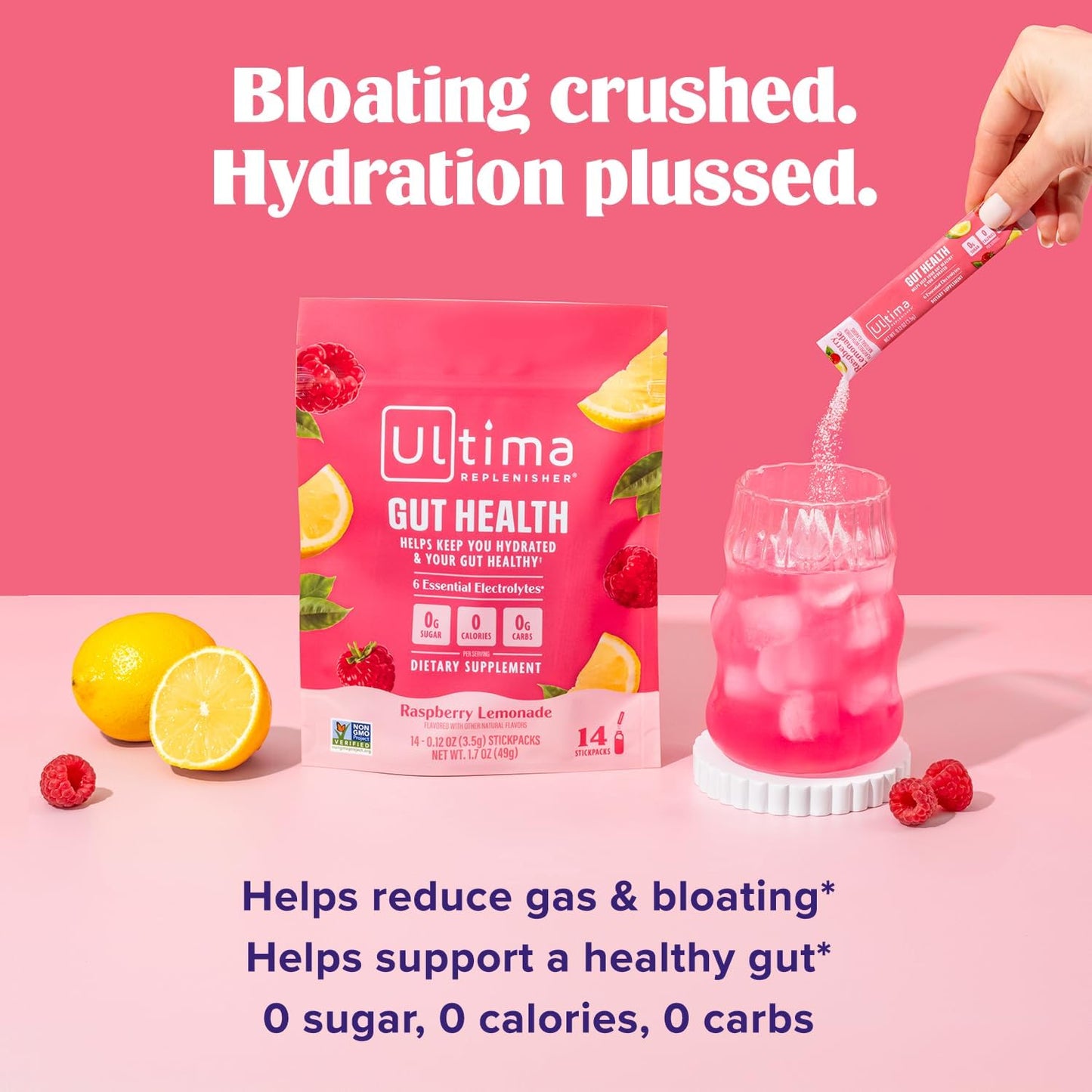 Ultima Replenisher Gut Health Supplement and Electrolytes Powder - Raspberry Lemonade, 14 Stickpacks