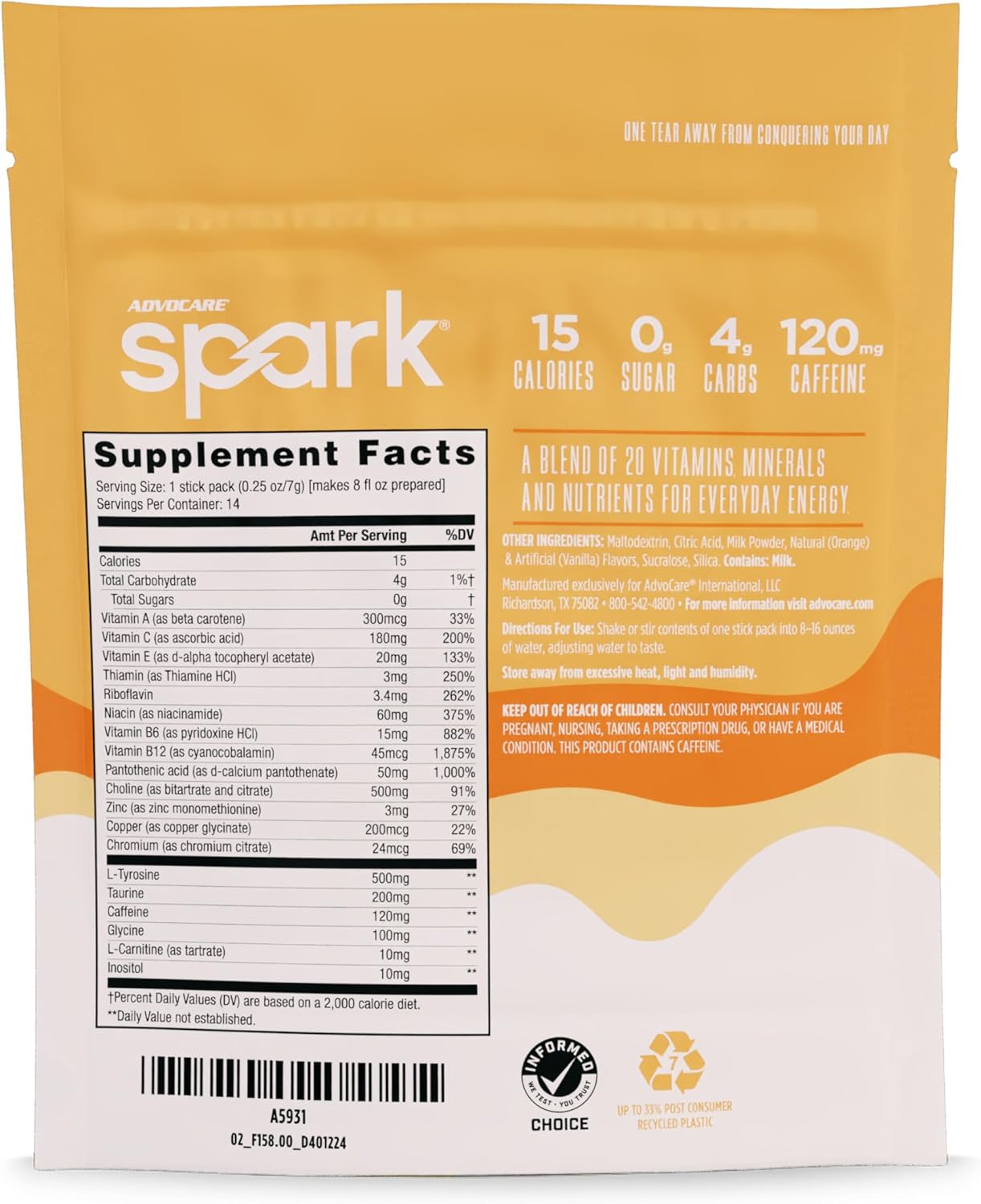AdvoCare Spark Vitamin & Amino Acid Supplement -Orange Cream Float, 14 Stick Packs