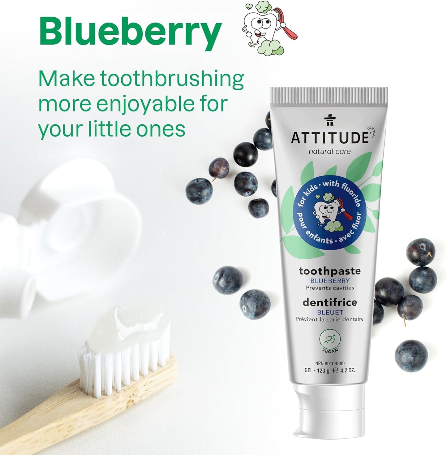 ATTITUDE Toothpaste with Fluoride ,Blueberry, 4.2 Oz
