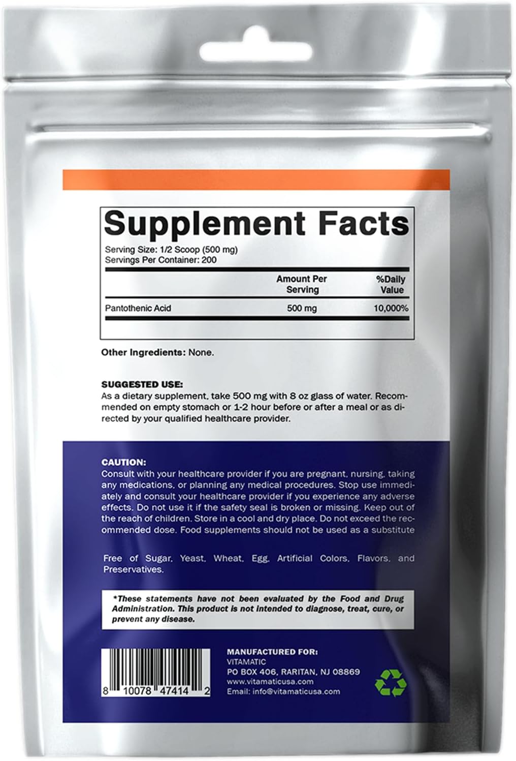 Vitamatic Pantothenic Acid Pure Powder 500 mg -3.5 oz