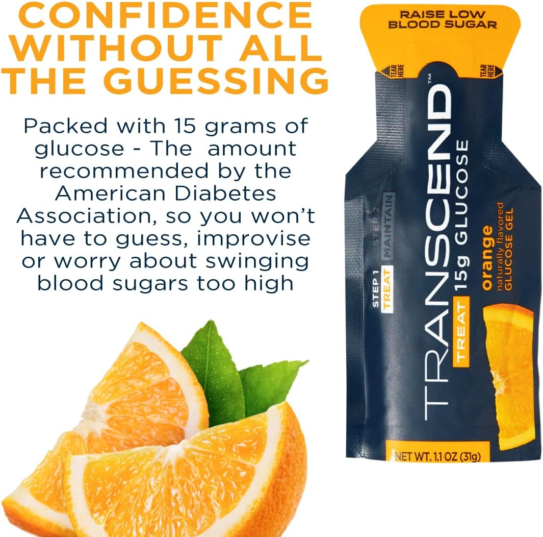 Transcend Glucose Gel Packs - Orange, 15 Pack (1.1oz Each) - FSA/HSA Eligible - Glucose Gel Packs for Diabetics, Blood Sugar Support Alternative to Glucose Tablets - Precise 15g Dose, Made in USA