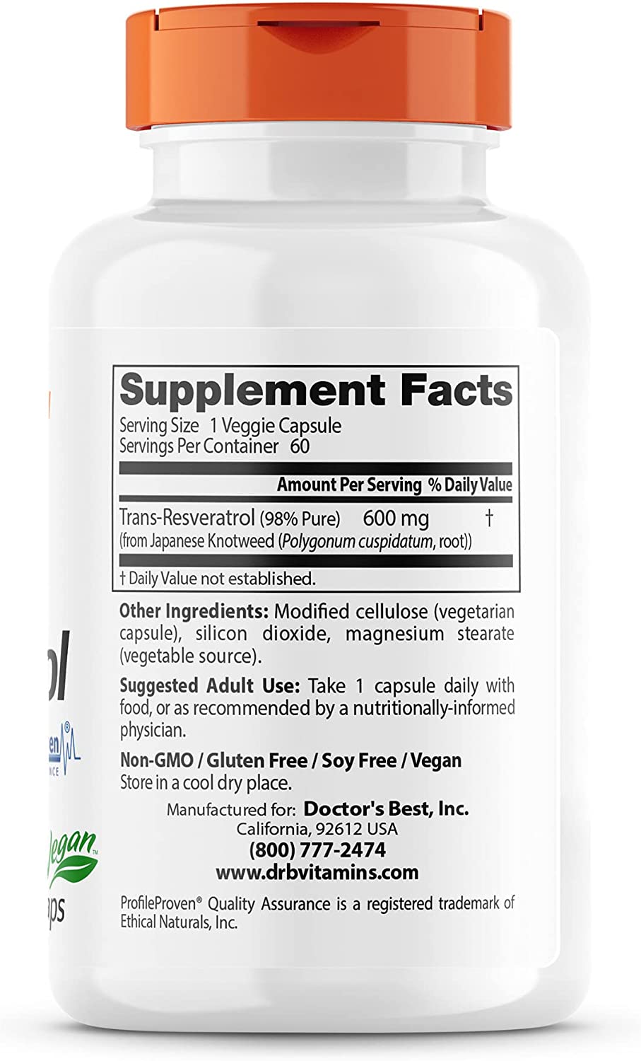 Doctor's Best Trans-Resveratrol 600, Non-GMO, Vegan, Gluten Free, Soy Free, 600 mg, 60 Veggie Caps