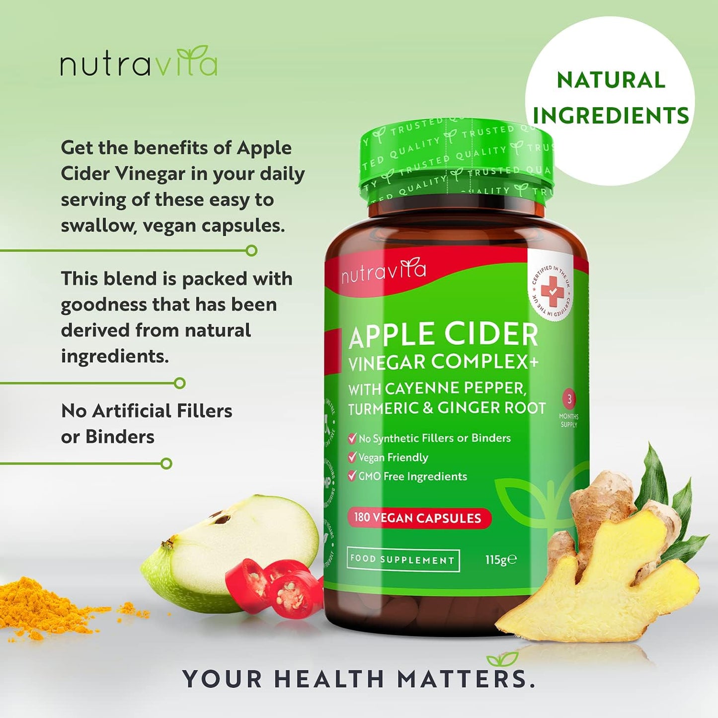 Apple Cider Vinegar with Cayenne Pepper, Turmeric and Ginger Root - 180 Capsules