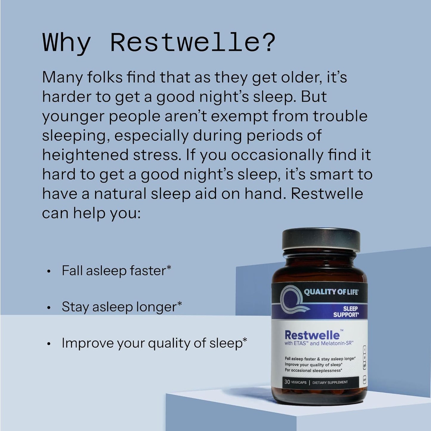 Quality of Life - Restwelle – Non Groggy formula with ETAS and Melatonin SR – 30 Capsules