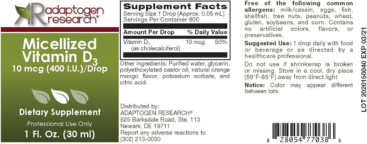 Micellized Vitamin D3 Liquid 400 IU 10 mcg Vitamin D Drop for Adults, 1 floz