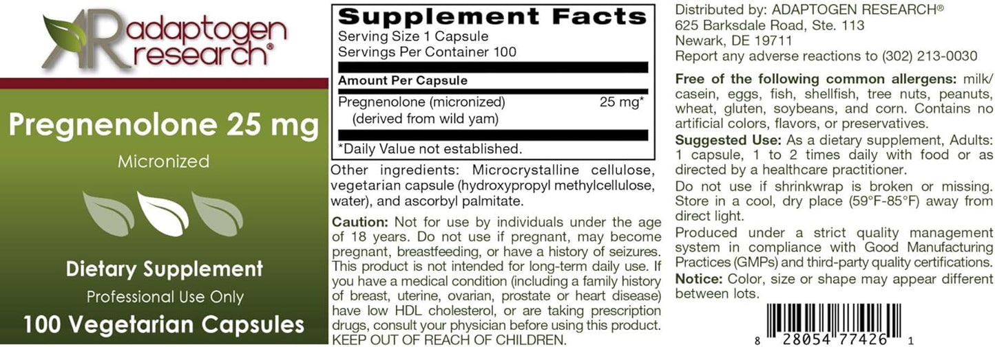 Pregnenolone 25mg Micronized- 100 Vegetarian Capsules