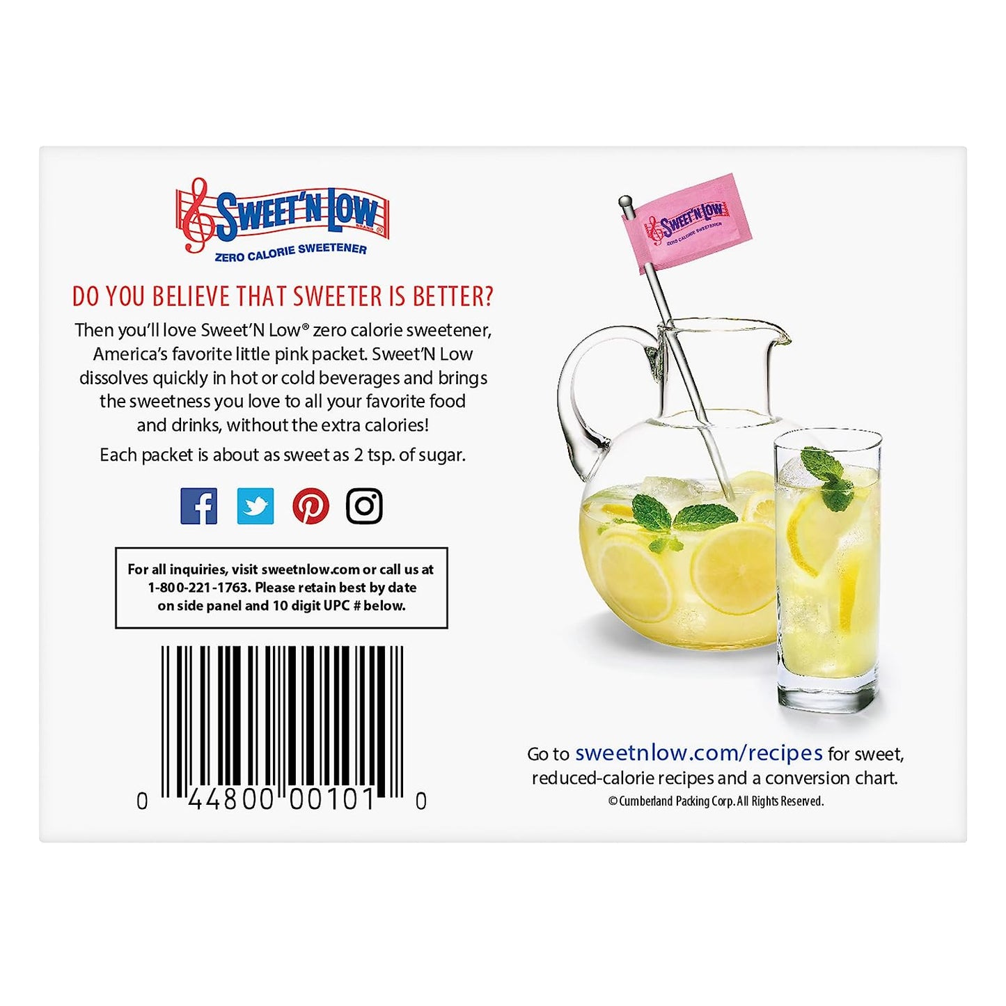 Sweet'N Low Sweetener, No Added Flavors or erythritol, 50 Count Packets