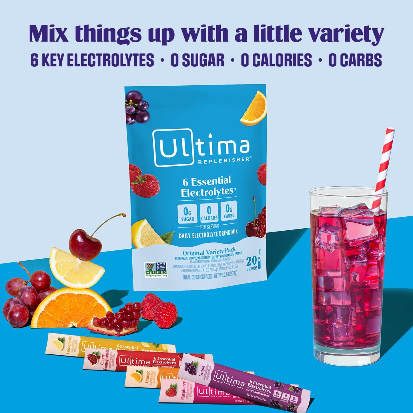Ultima Replenisher Daily Electrolyte Powder Drink Mix – Zero Sugar - – Original Variety, 20 Stickpacks