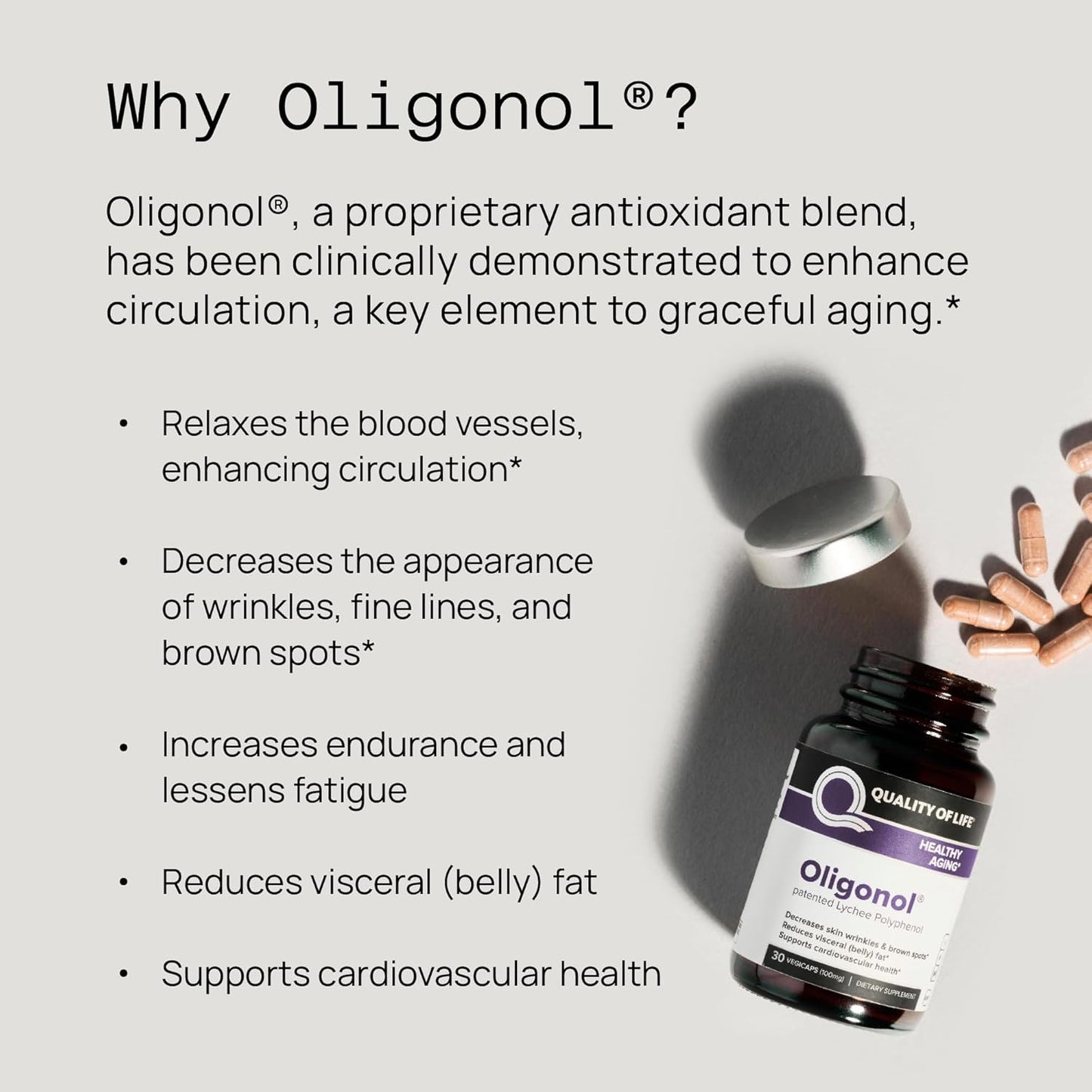 Quality of Life - Premium Anti Aging Supplement- Promotes Cardiovascular Health, Circulation & Youth - Oligonol - 30 Vegicaps