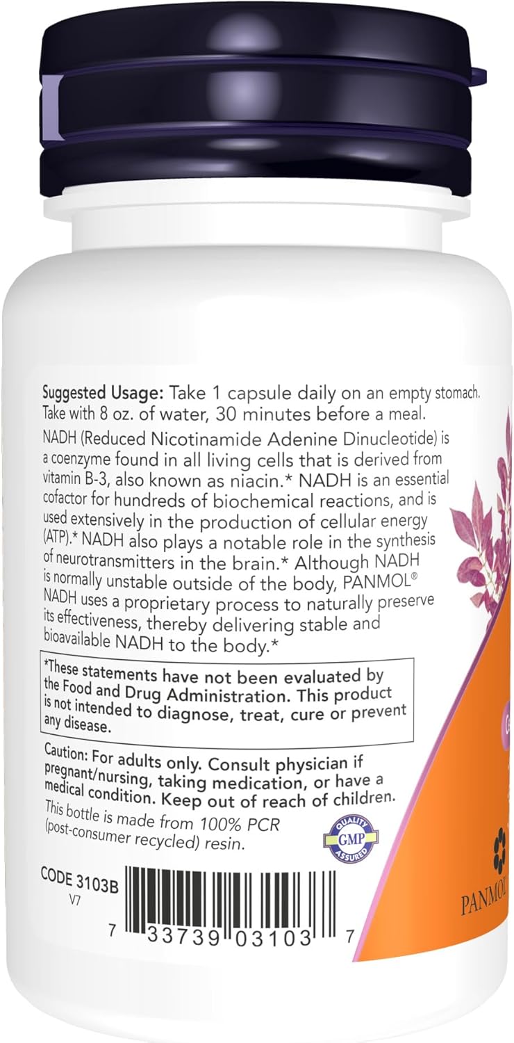 NOW Foods Supplements, NADH (Reduced Nicotinamide Adenine Dinucleotide) 10 mg with 200 mg D-Ribose, 60 Veg Capsules