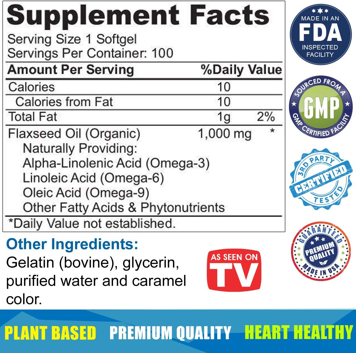 Organic Flaxseed Oil 1,000 mg Omega-3, Immune System Booster with Omega 3,6,9 from Natural ALA 100 Softgels Per Bottle