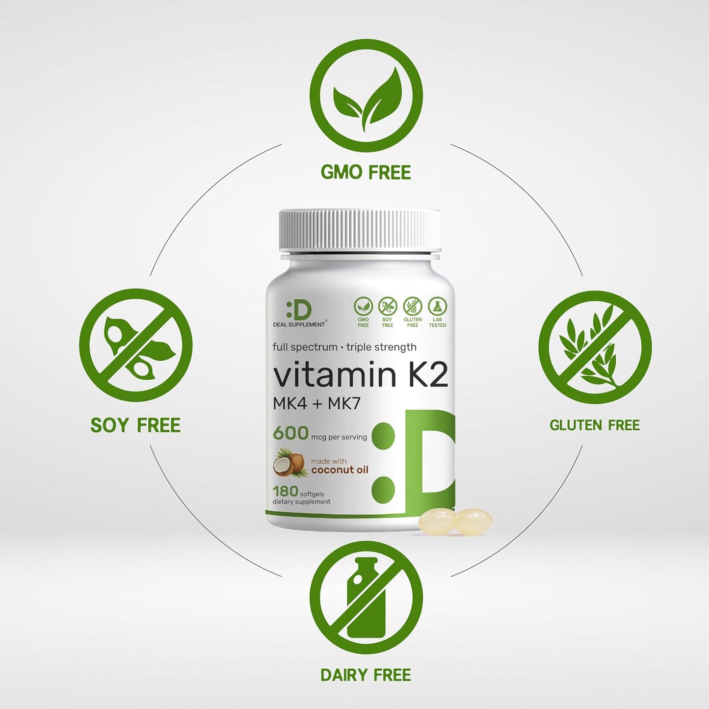 Vitamin K2 Supplement 180 Virgin Coconut Oil Softgels