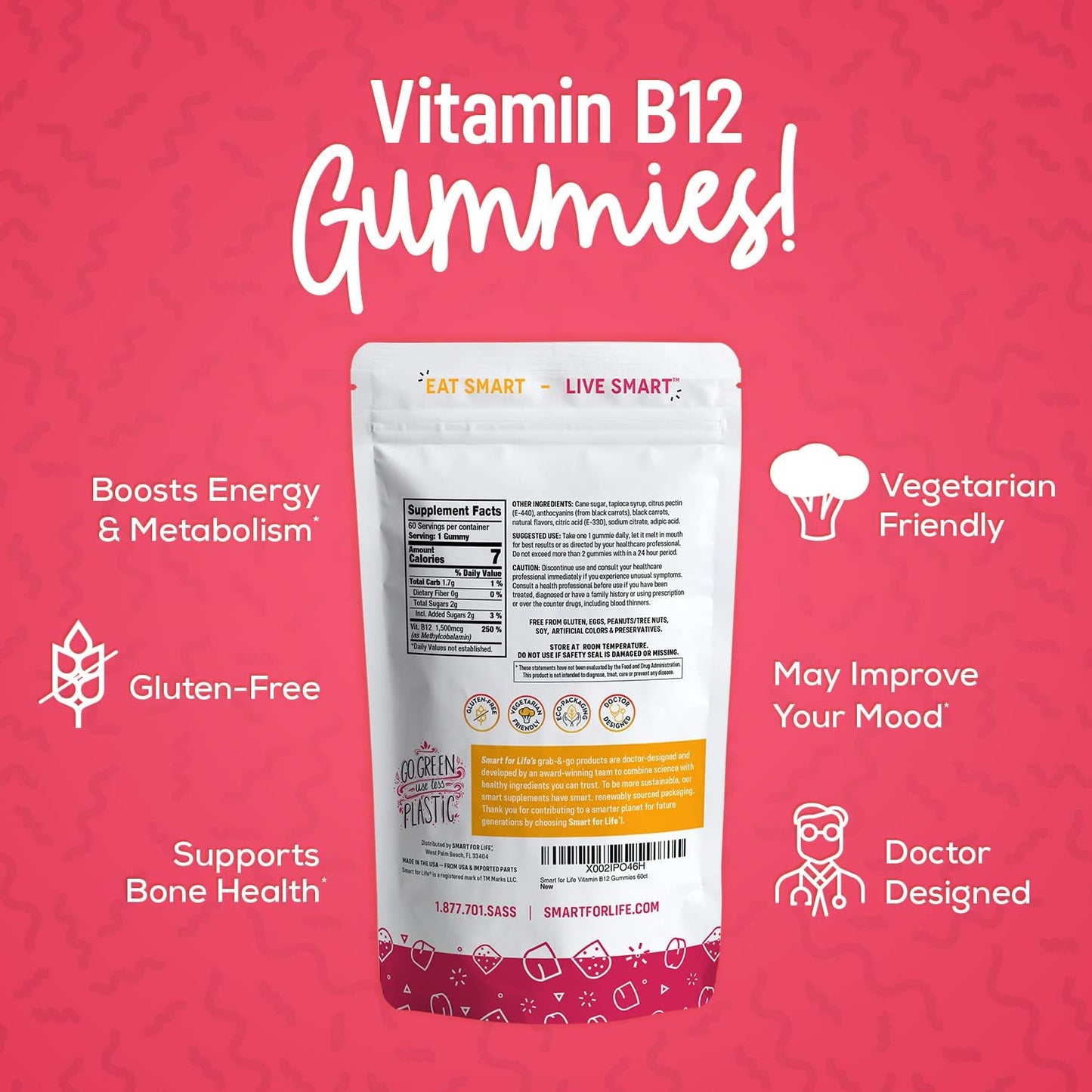 Smart of life B12 Gummy Vitamins - Raspberry Flavor - 60 Count