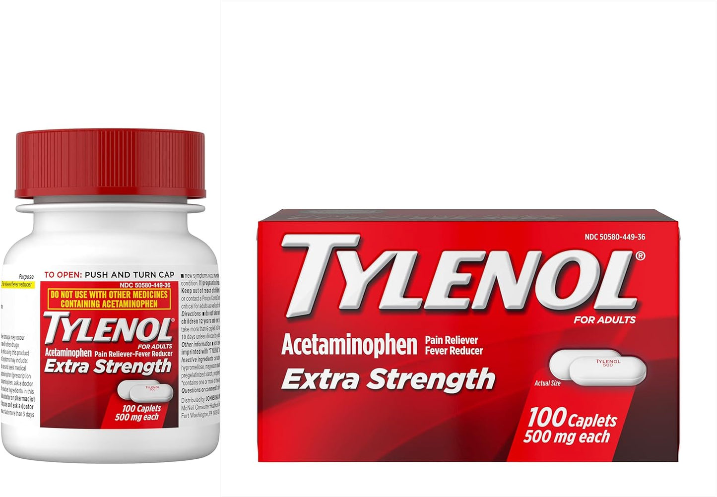 Tylenol Extra Strength Caplets with Acetaminophen Pain Reliever Fever Reduce 100 Count
