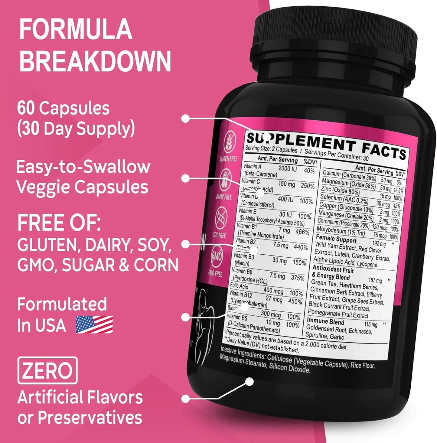 Womens Multivitamin - Natural Daily Multi Vitamins -60 capsules