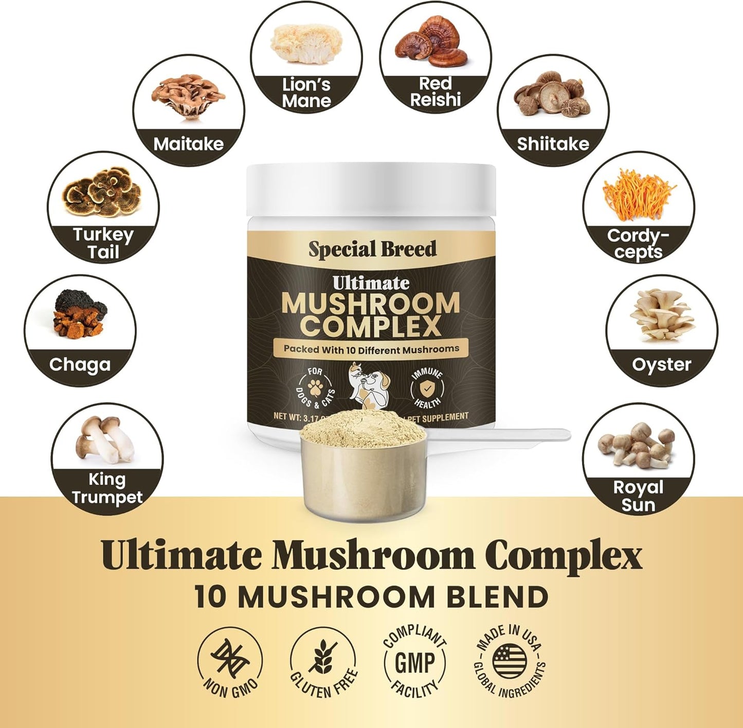 Mushroom Powder for Dogs & Cats - Organic Mushroom Complex- 180 Scoops