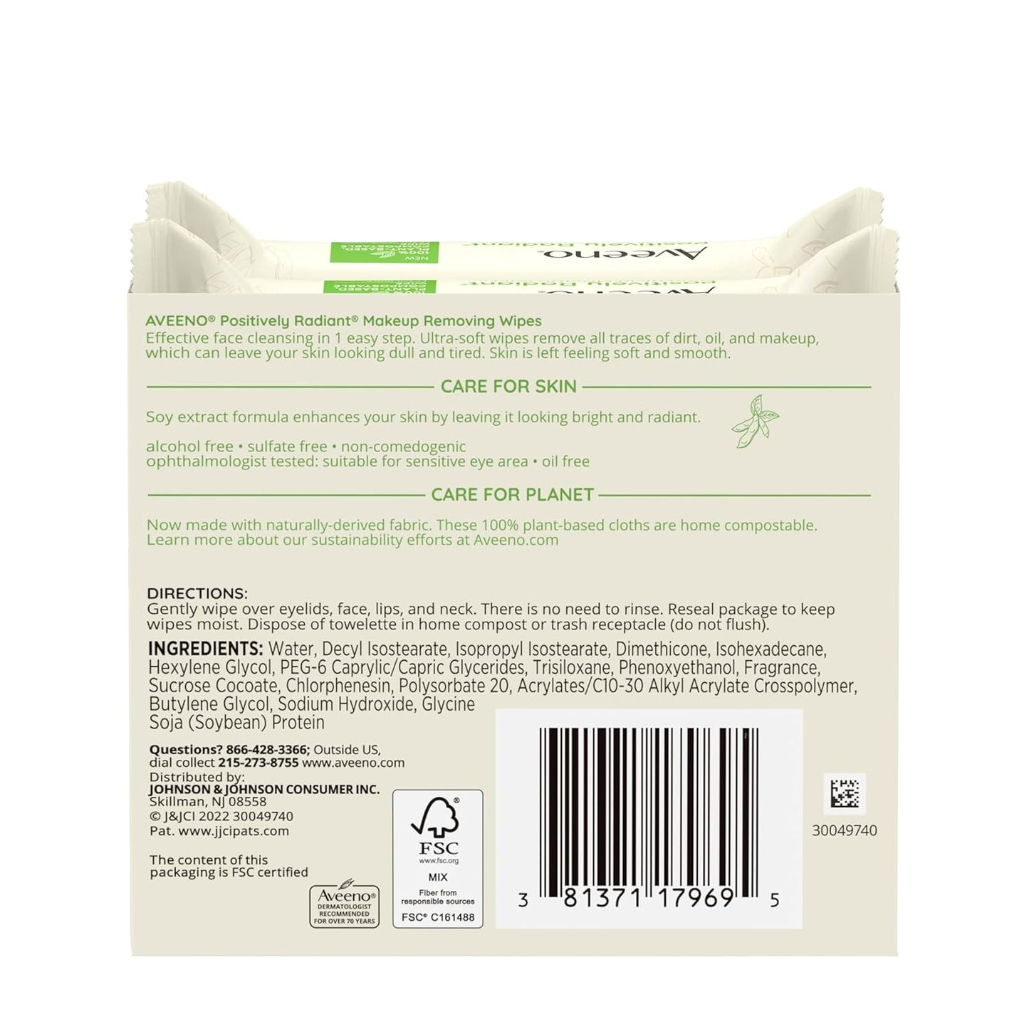 Aveeno Positively Radiant Alcohol Free Makeup Removing Face Wipes - 50 Count