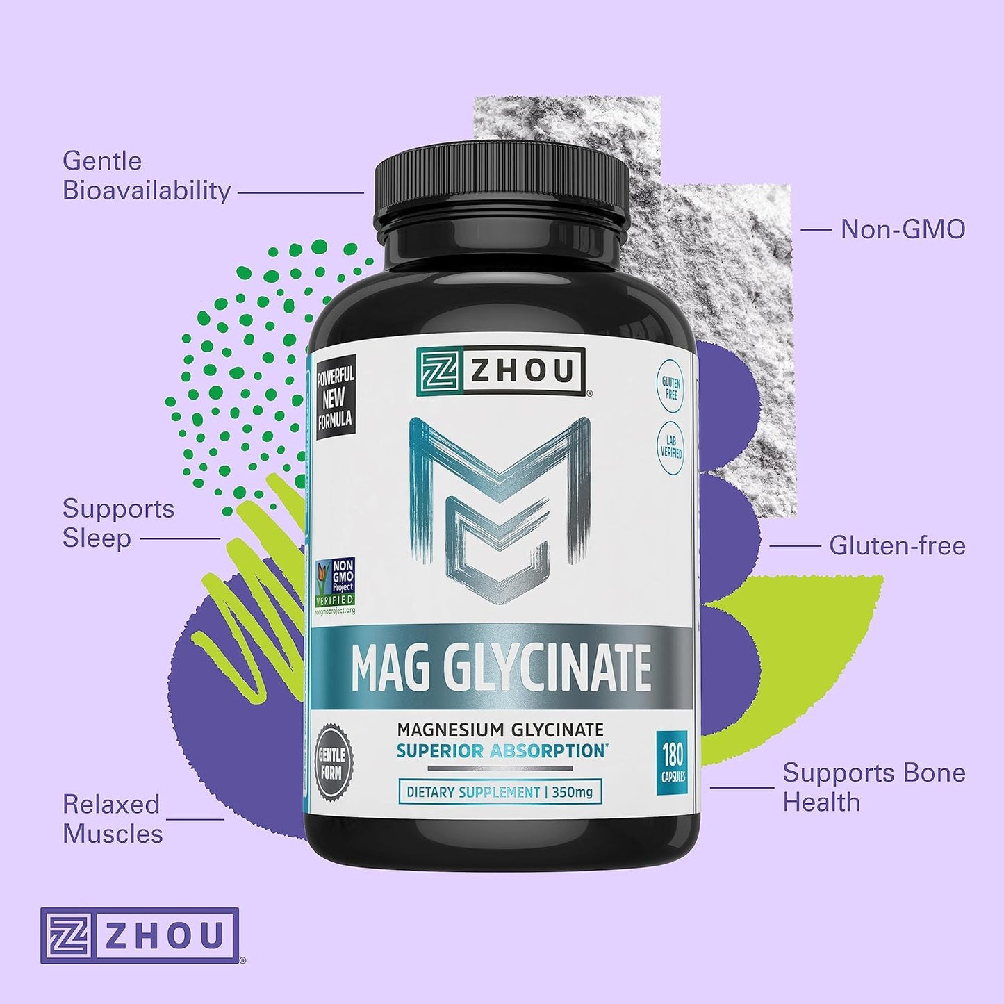 Zhou Magnesium Glycinate Complex Time-Release Absorption, 180 Capsules