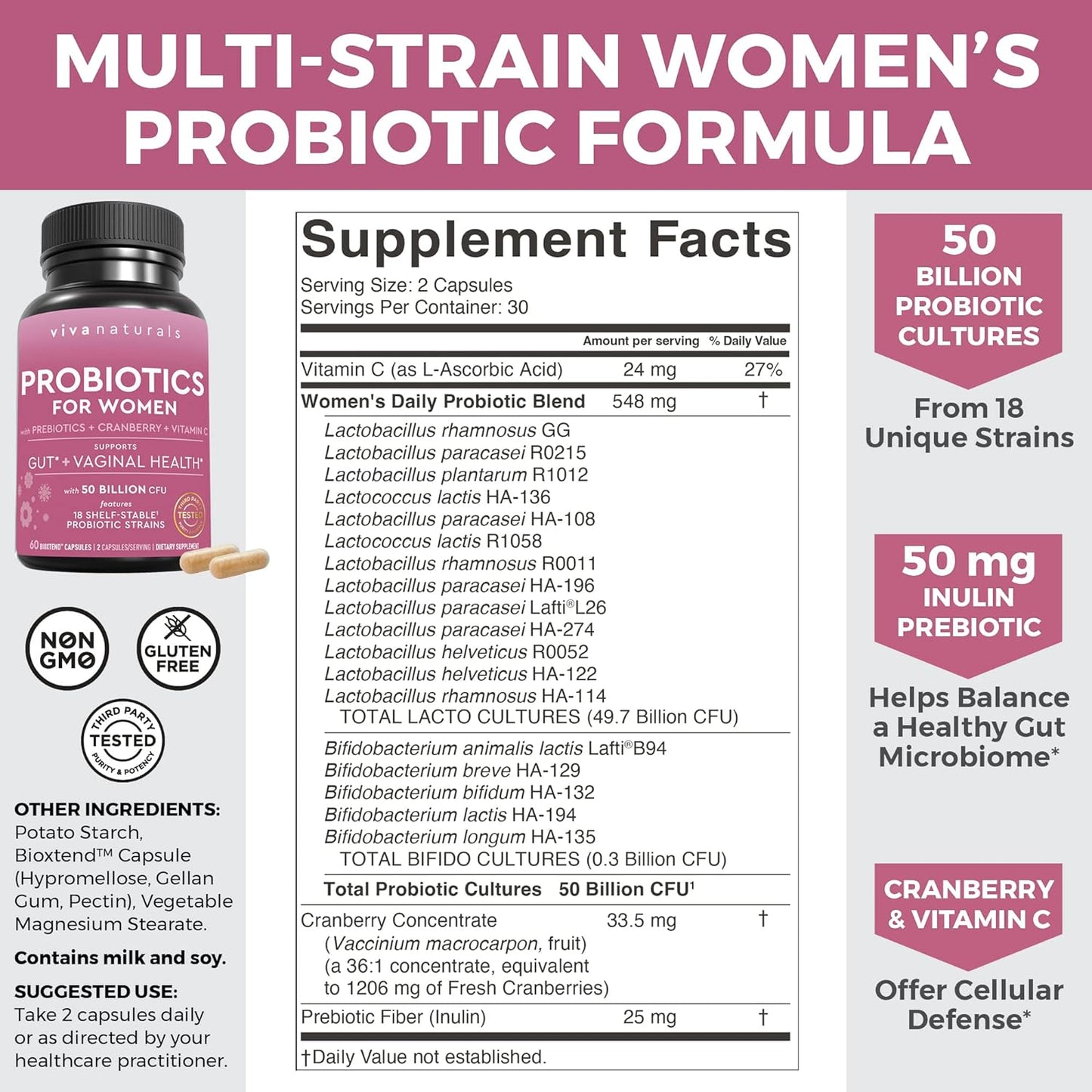 Womens Probiotics For Gut Health With Prebiotic Fiber, Cranberry and Vitamin C 60 count