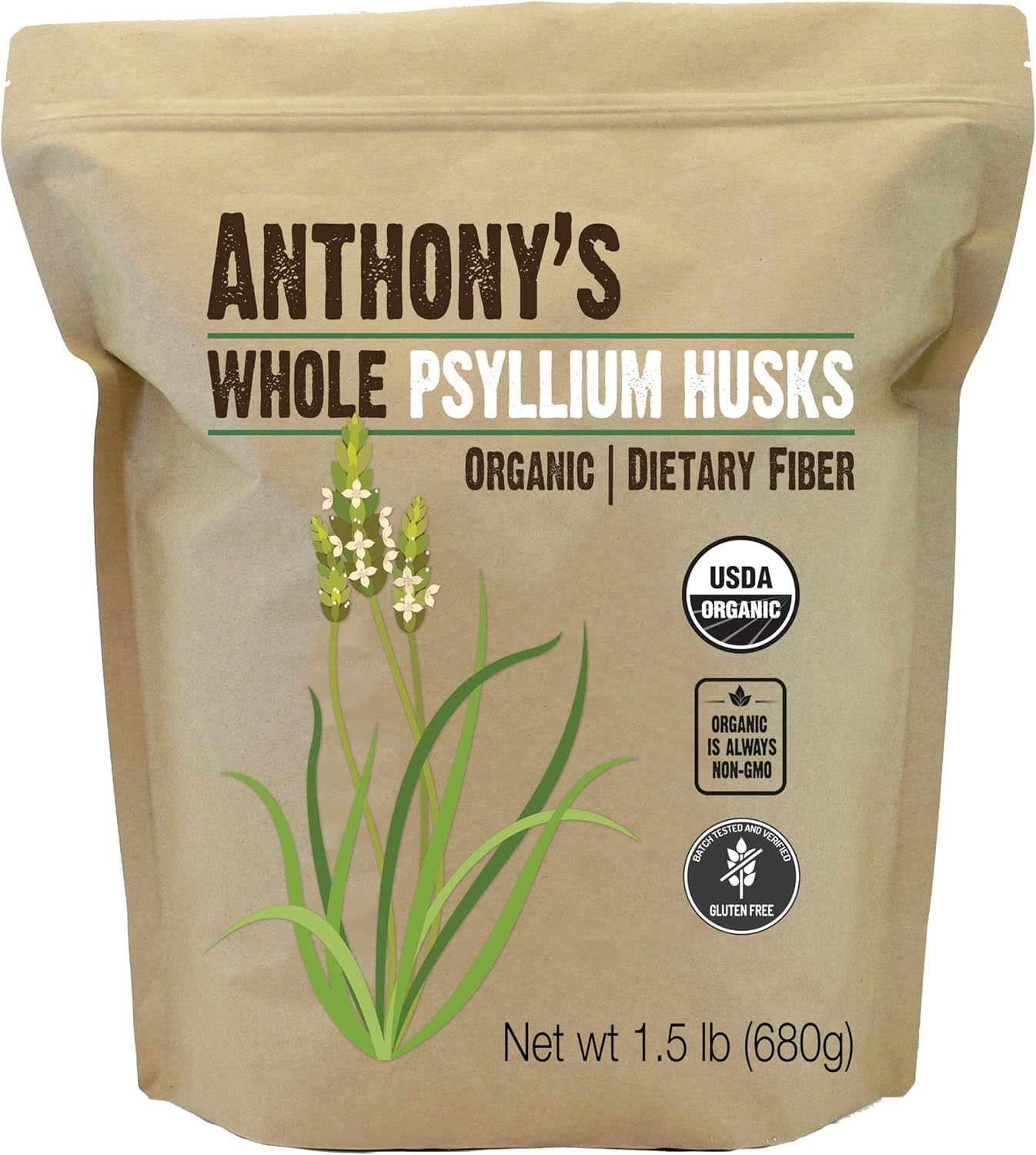 Anthony's Organic Whole Psyllium Husks, 1.5 lb